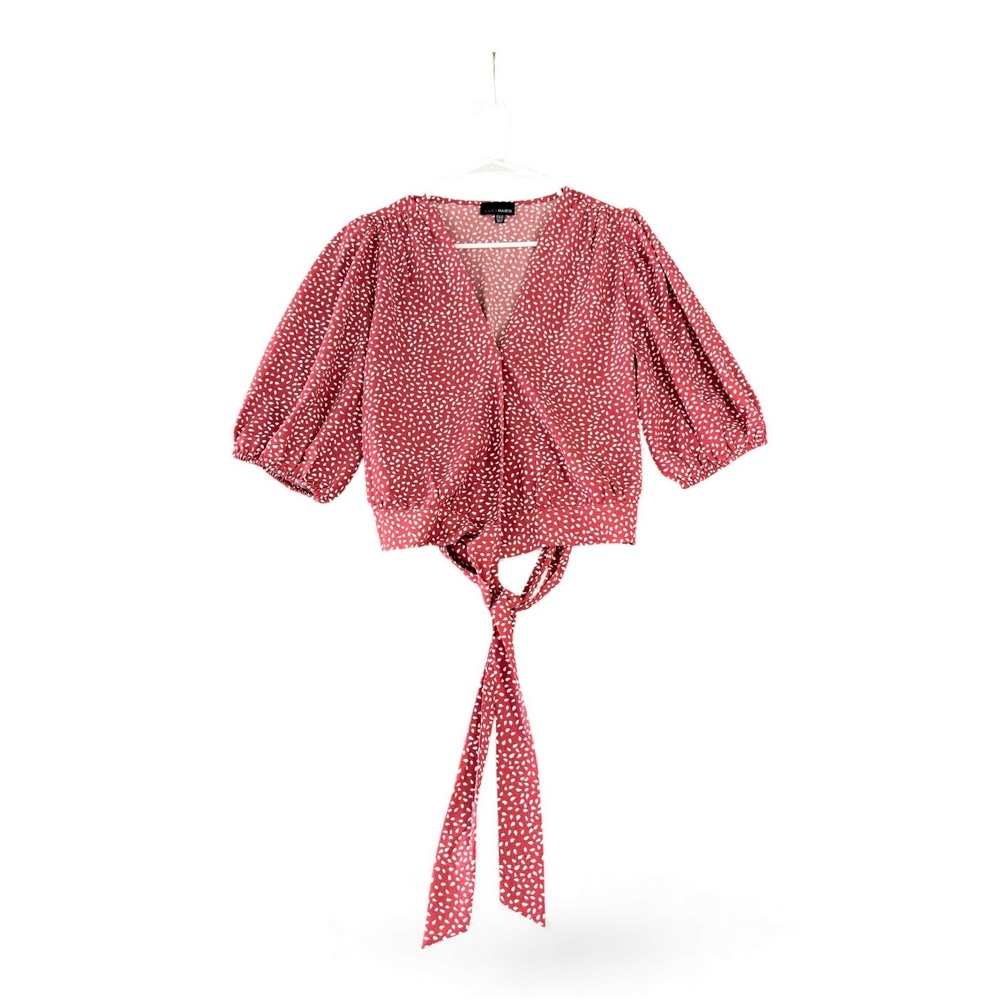 Lucy Paris Red White Dot Wrap Tie Blouse Puff Sleeve V Neck Women's Medium